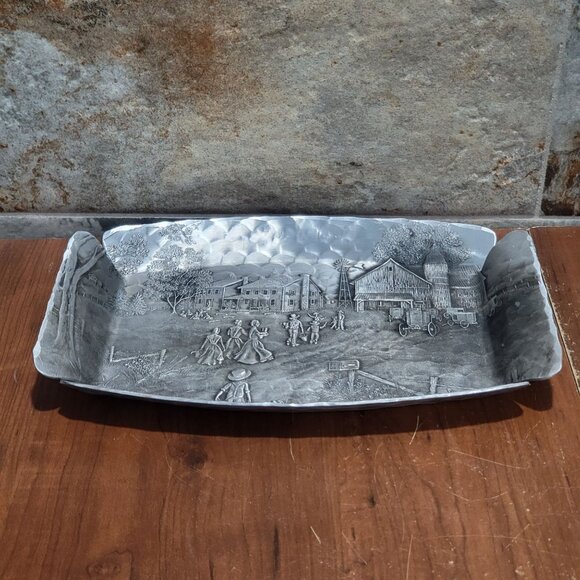 Vintage Handmade Wendell August Tray Metal Aluminum Amish Farm Scene Decorative - Picture 6 of 12